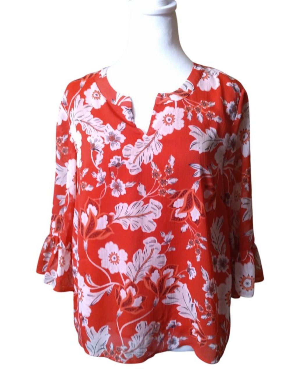 Ann Taylor Size Small Floral 3/4 Sleeve Ruffle Accent Blouse Popover Office